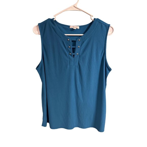 Sleeveless Blue Top With Studded V-Neck By 89th & Madison - Picture 1 of 4